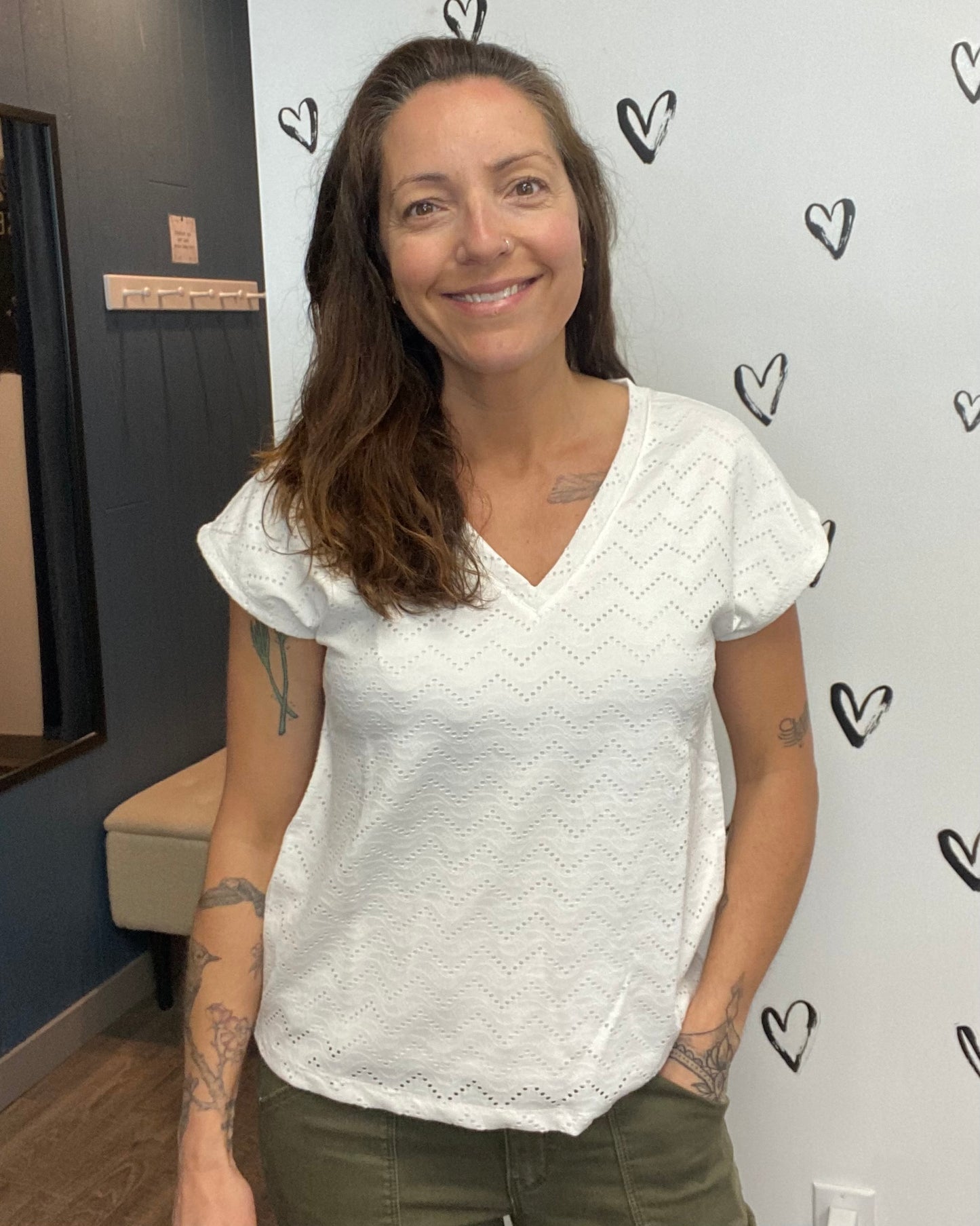 The Thas Eyelet V-Neck Top: 3 COLORS