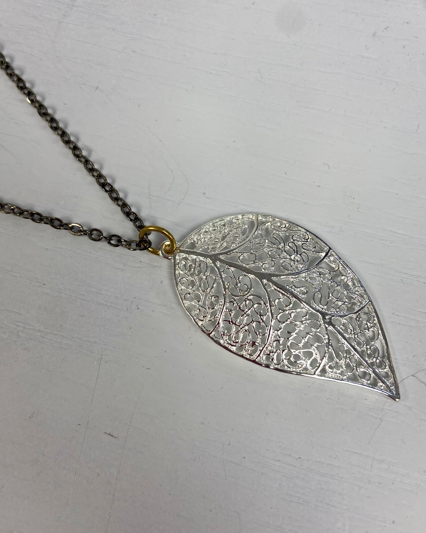 Silver Large Leaf Mixed Metal Necklace