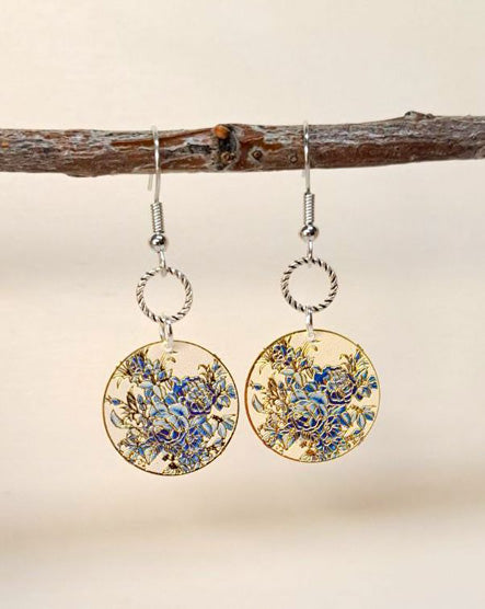 Blue Rose Flower Enamel Earrings