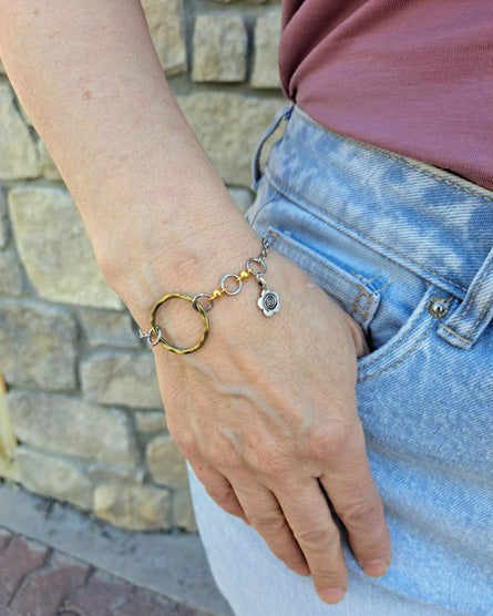 Brass Circle + Silver Flower Mixed Metal Bracelet