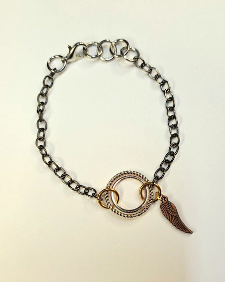 Double Circle Copper Angel Wing Mixed Metal Bracelet