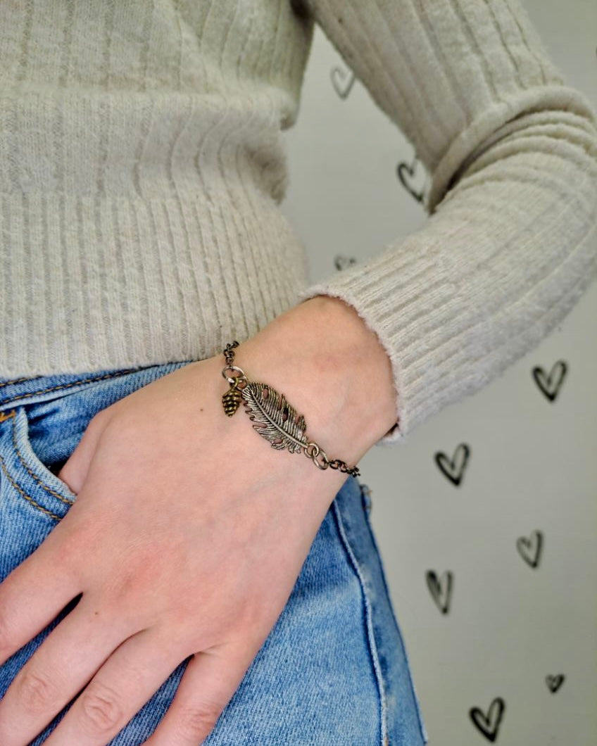 Feather + Pine Cone Mixed Metal Bracelet