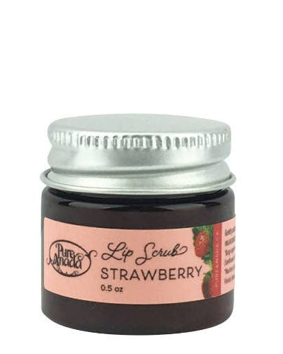 Jar of strawberry lip scrub with a pink label on a white background