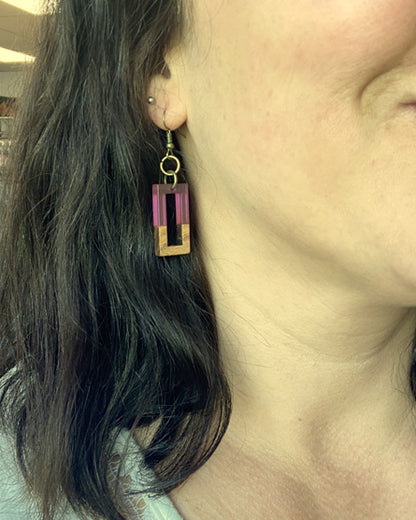 💥 The Magenta Hollow Rectangle Wood + Resin Earrings