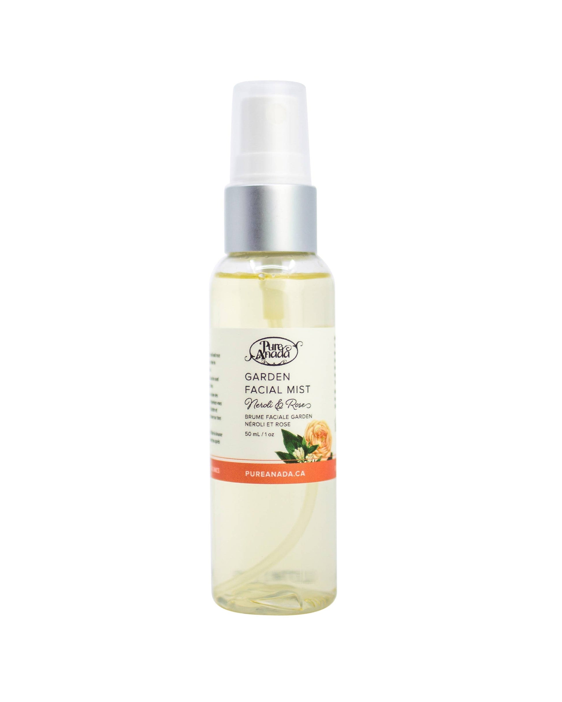 Bottle of garden floral mist with a white background