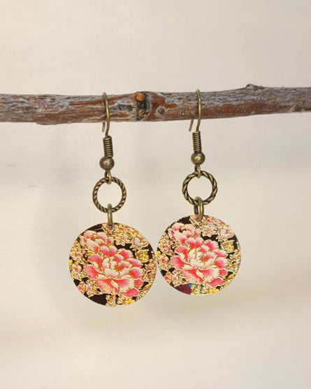 Pink Camellia Flower Enamel Earrings