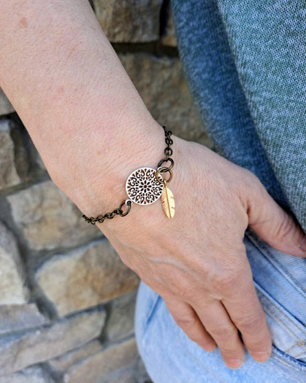 Silver Mandala + Rose Gold Feather Mixed Metal Bracelet