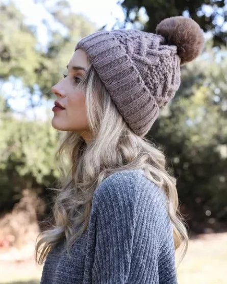 Thermal Lined Cable Knit Pom Touque