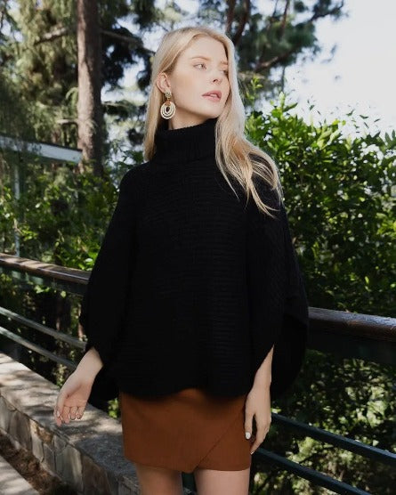 The Turtleneck Ribbed Knit Poncho with Armholes