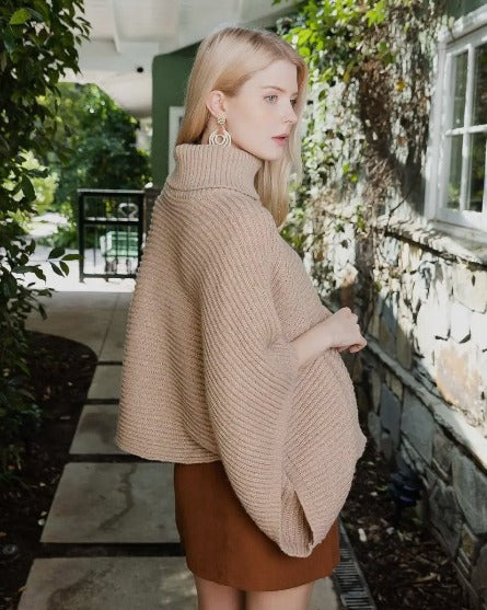 The Turtleneck Ribbed Knit Poncho with Armholes