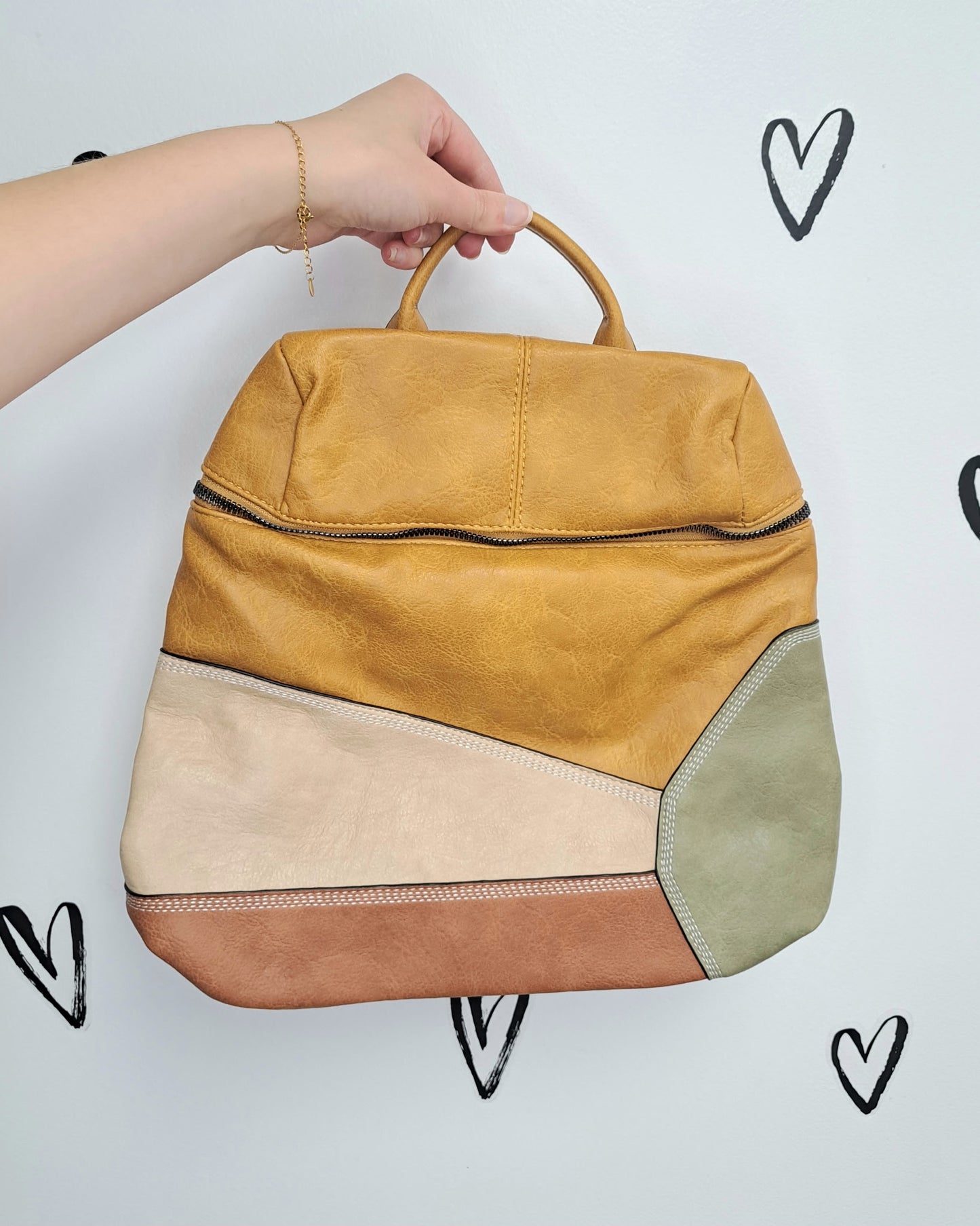 Vegan Leather Patchwork Backpack ๐ 3 COLORS
