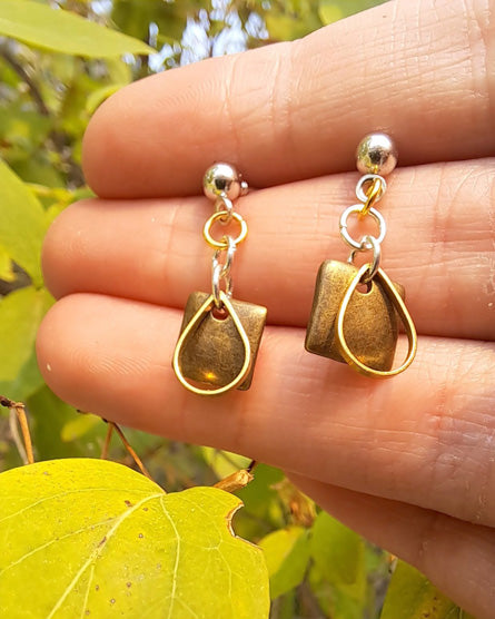 Brass Square + Raw Brass Tear Drop Mixed Metal Silver Stud Earrings