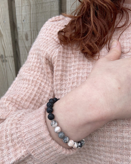 pink zebra jasper + lava stone diffuser bracelet