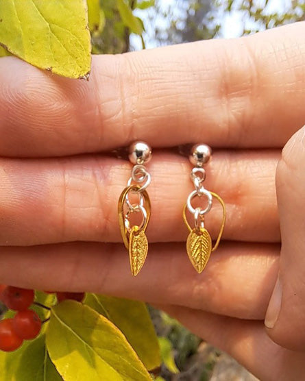 Raw Brass Leaf + Drop Mixed Metal Silver Stud Earrings