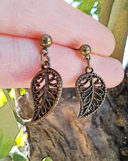 Swirl Leaf Brass Stud Earrings