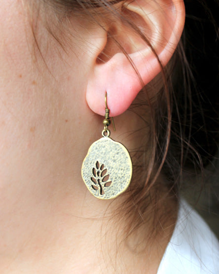 tree cutout brass disc earrings