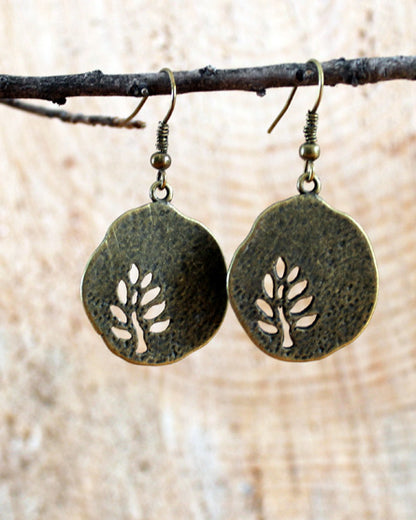 tree cutout brass disc earrings