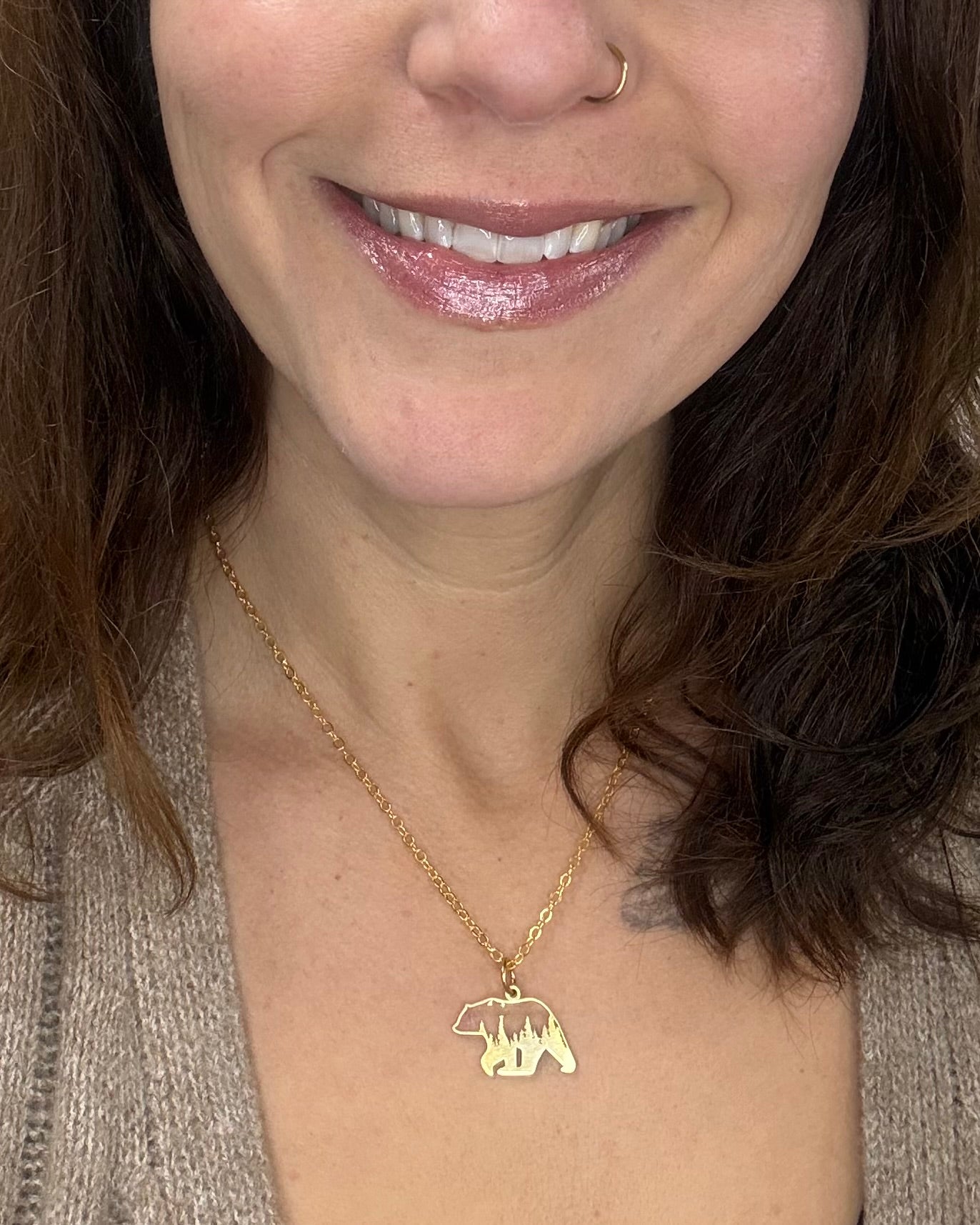 Gold Bear + Forest Necklace