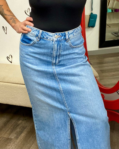 The Hart Slit Long Denim Skirt