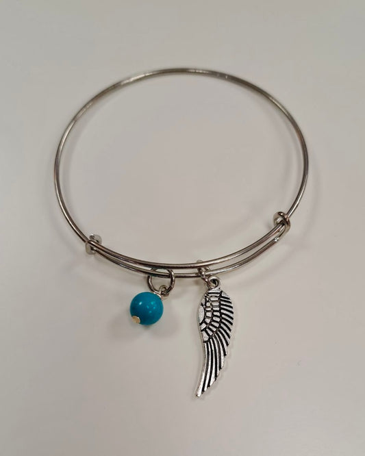 Angel Wing + Blue Howlite Silver Bangle Bracelet