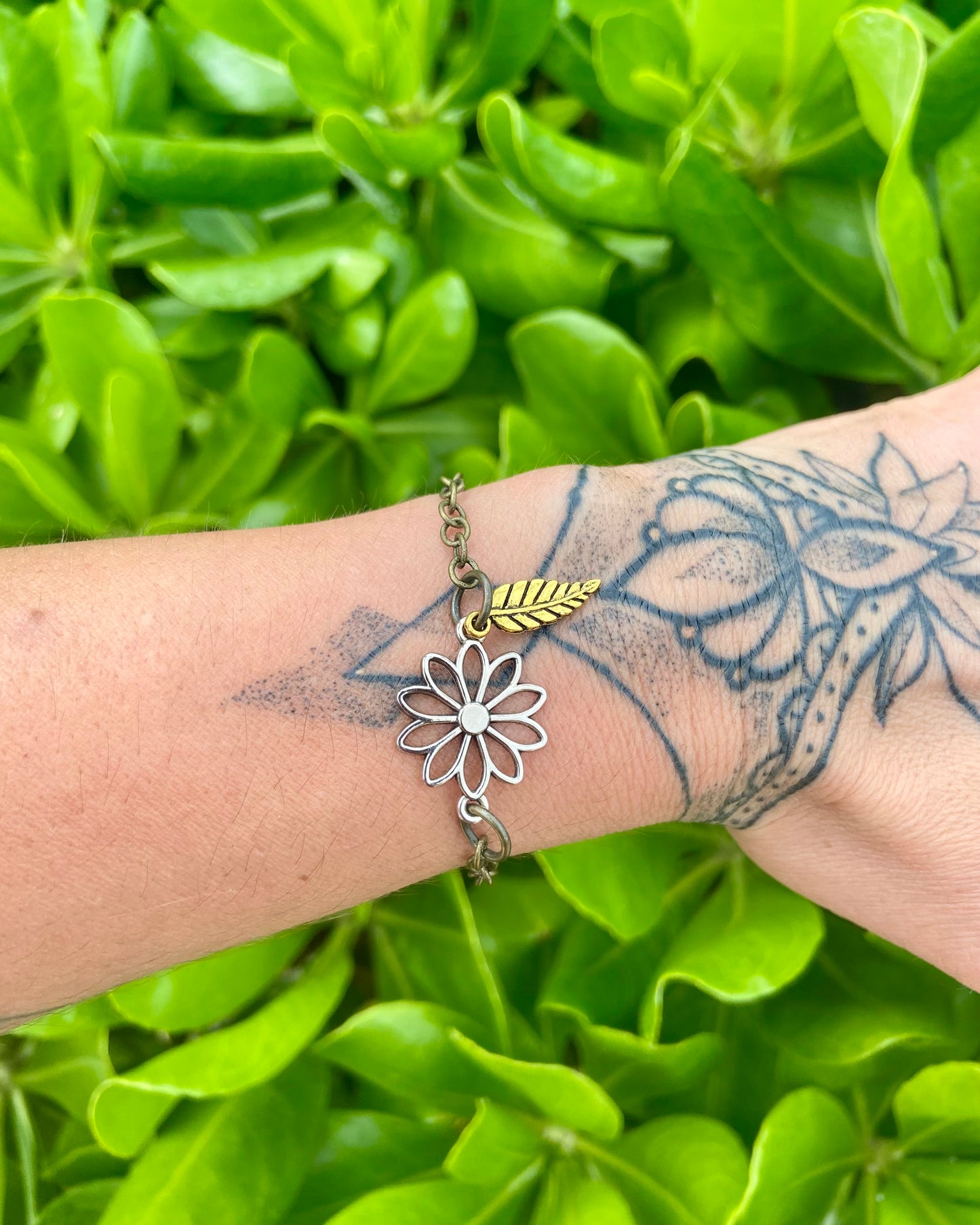 Mixed Metal Silver Flower + Leaf Bracelet