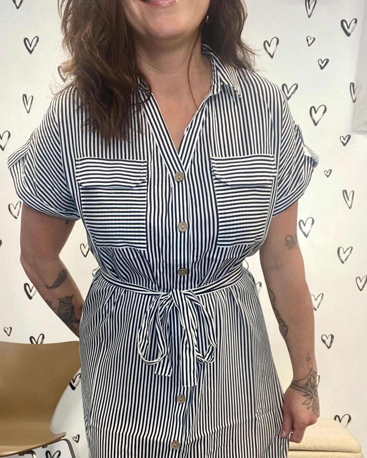 The Bumpy Stripped Shirt Dress with Pockets