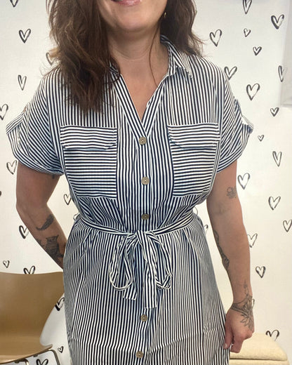 The Bumpy Stripped Shirt Dress with Pockets