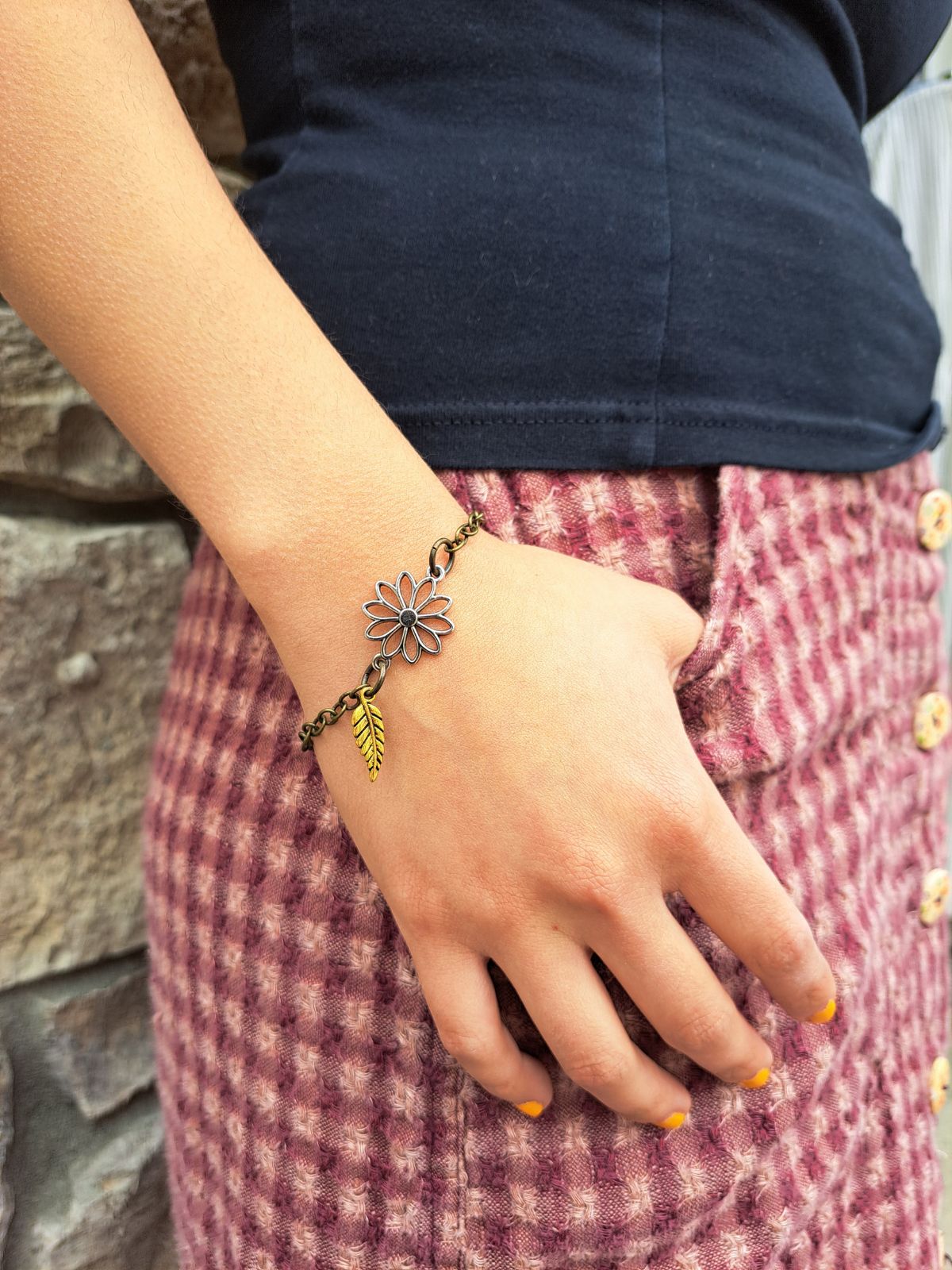 Mixed Metal Silver Flower + Leaf Bracelet