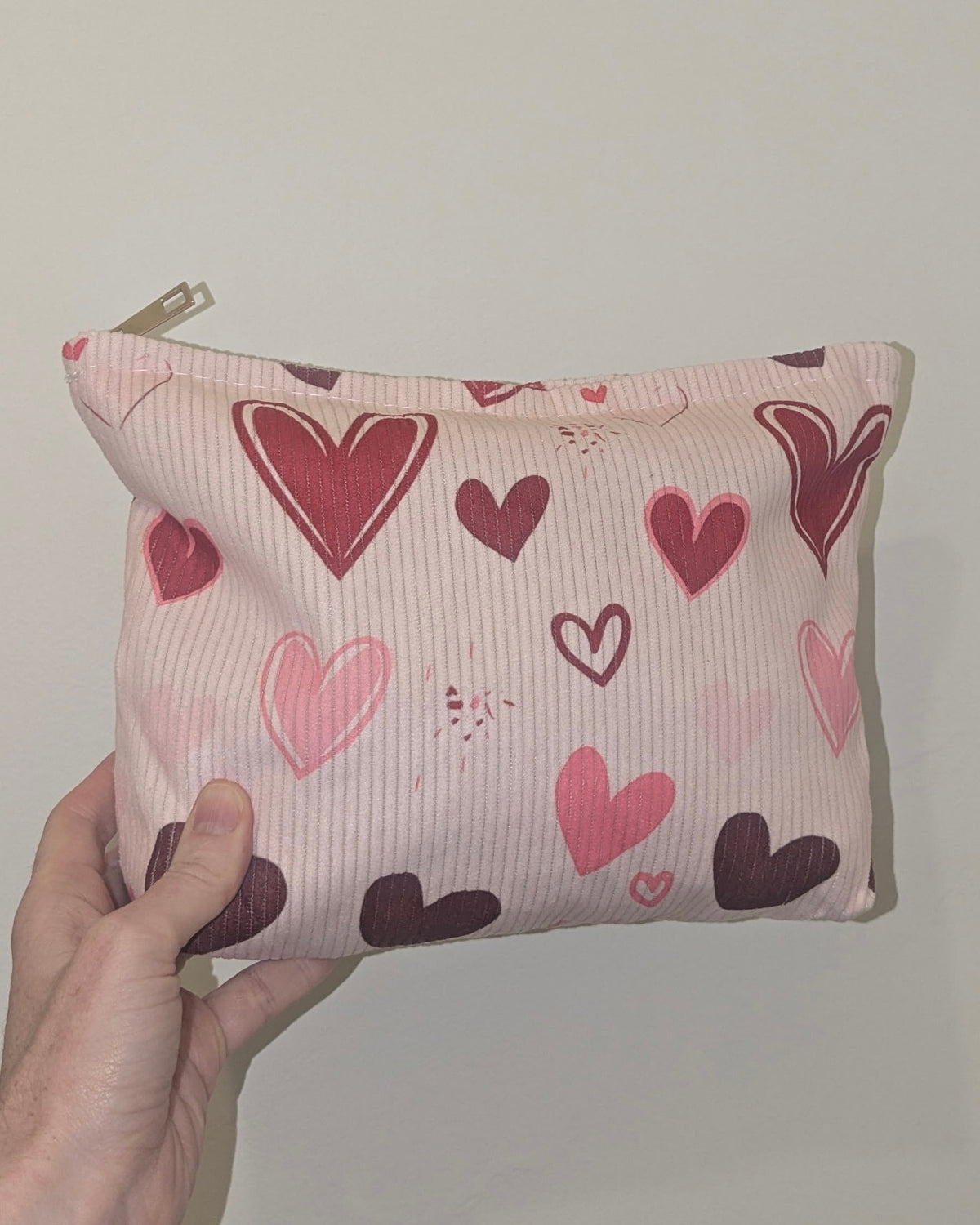 Pink + Red Heart Corduroy Cosmetic Bag