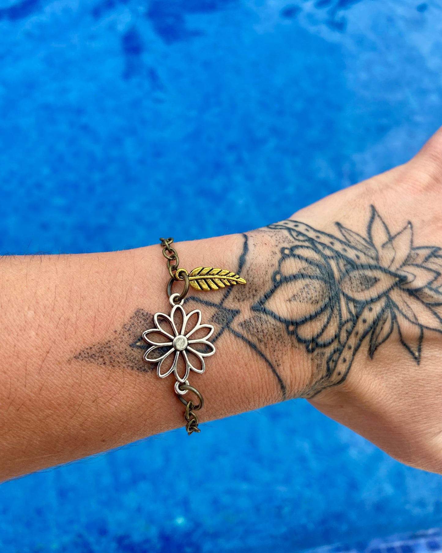 Mixed Metal Silver Flower + Leaf Bracelet