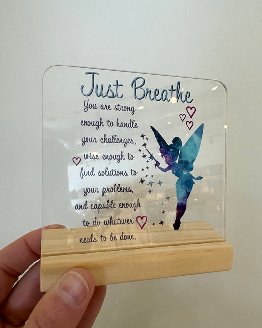 "Just Breathe" Sign + Wood Holder