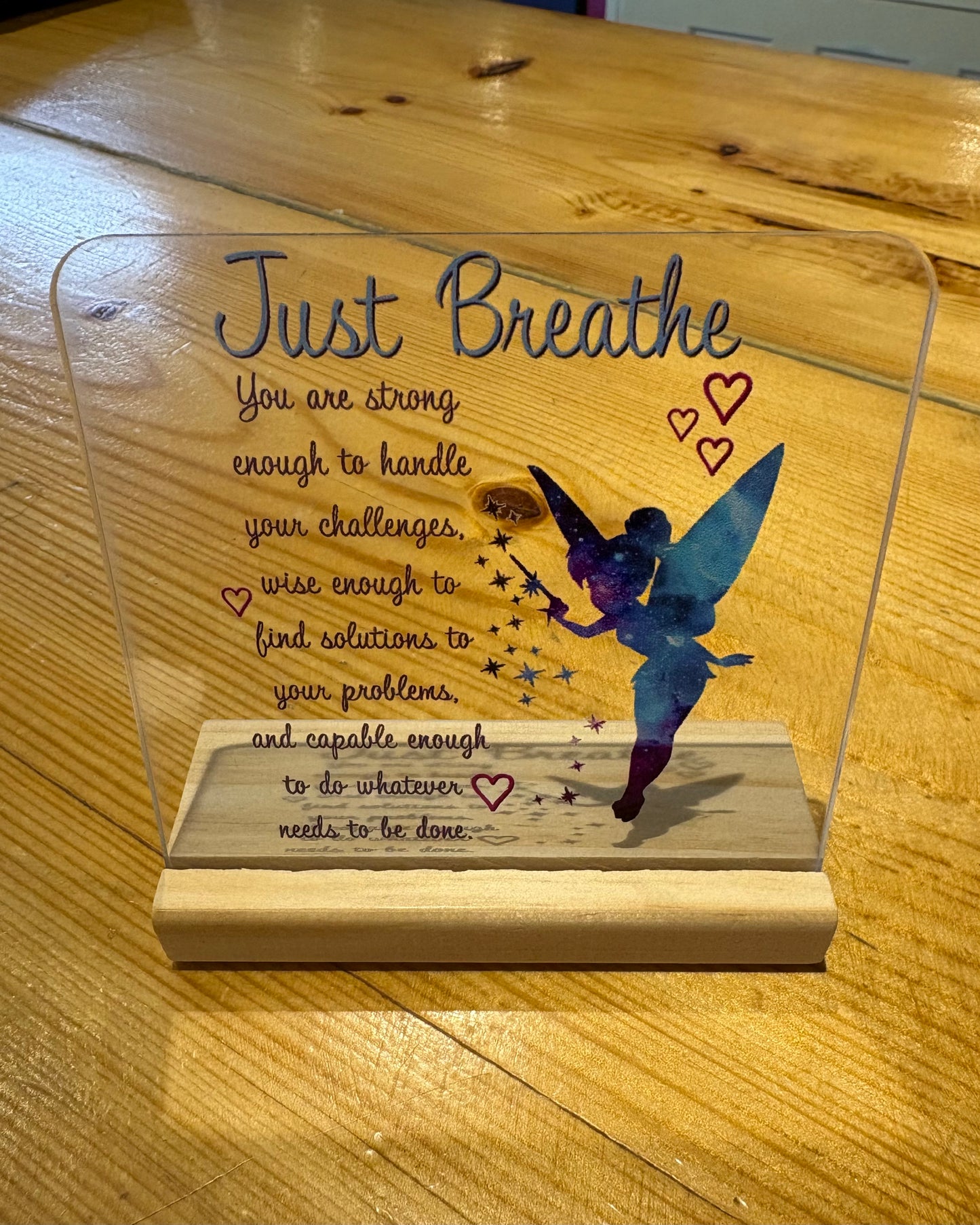 "Just Breathe" Sign + Wood Holder