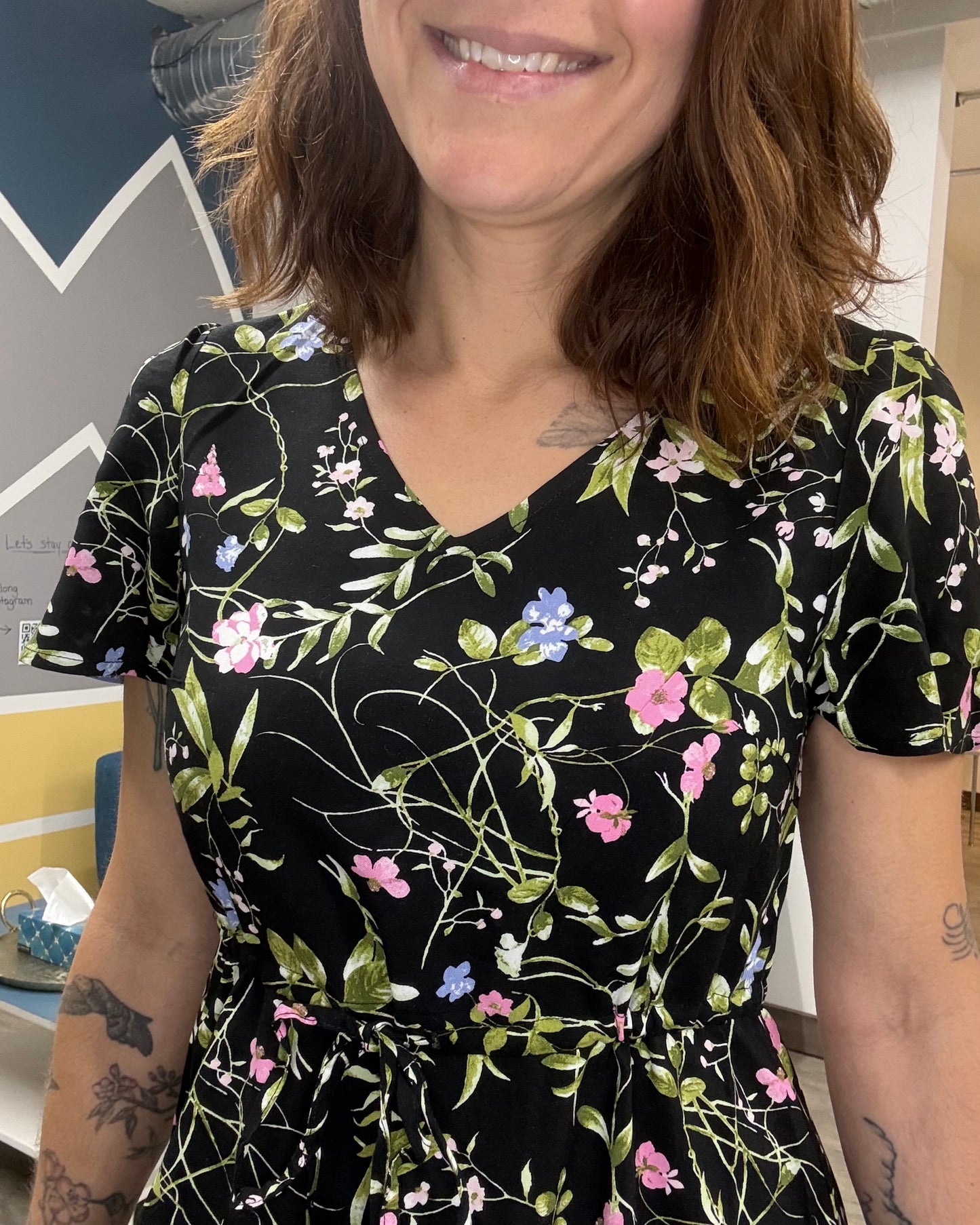 The Easy Joy Short Black Floral Shirt Dress