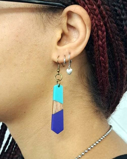 Blue Resin + Wood Hexagon Earrings