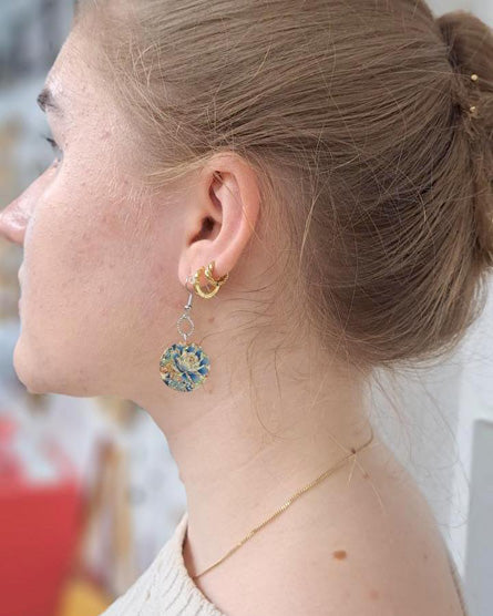 Blue Peony Flower Enamel Earrings