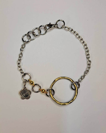 Brass Circle + Silver Flower Mixed Metal Bracelet