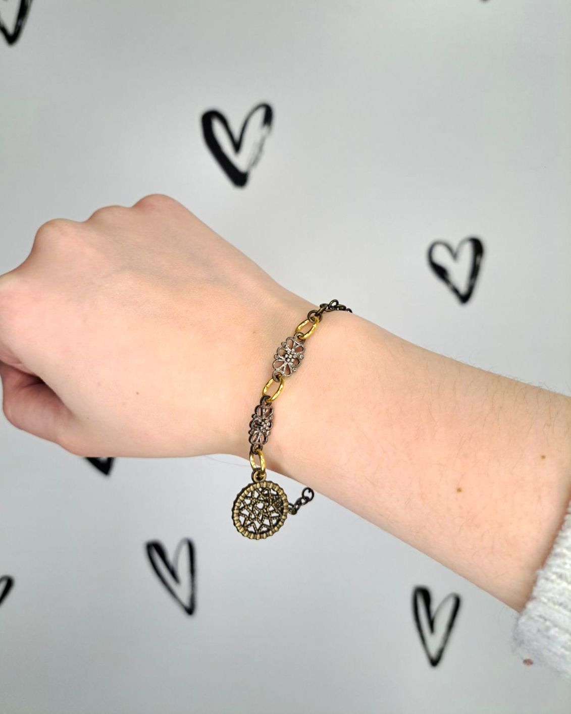 Dream Catcher + Flower Mixed Metal Bracelet
