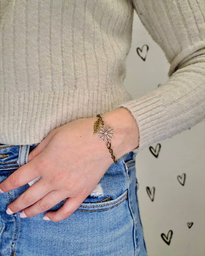 Flower + Tiny Leaf Mixed Metal Bracelet