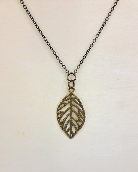 Large Brass Leaf Long Necklace