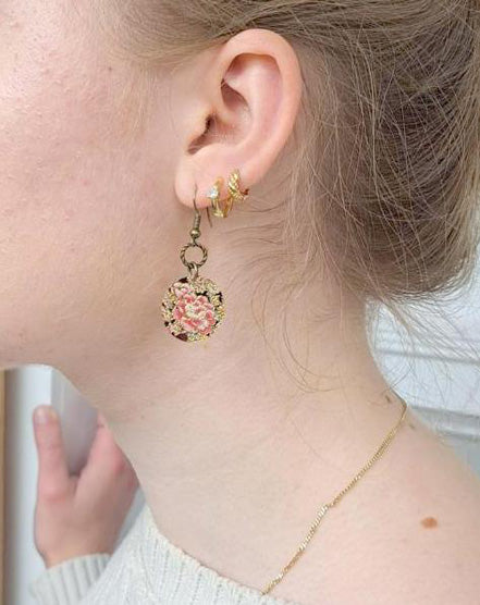 Pink Camellia Flower Enamel Earrings