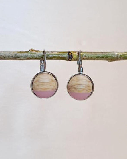 Pink Resin + Wood Cabochon Earrings