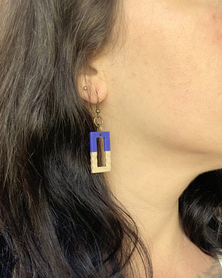 💥 The Royal Blue Hollow Rectangle Wood + Resin Earrings