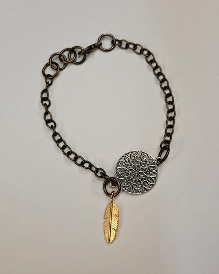 Silver Mandala + Rose Gold Feather Mixed Metal Bracelet
