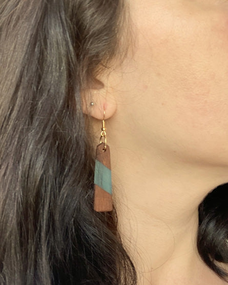 Steel Blue Resin + Wood Pentagon Earrings