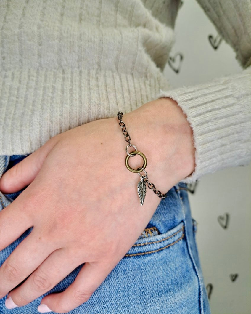 Tiny Leaf + Circle Mixed Metal Bracelet