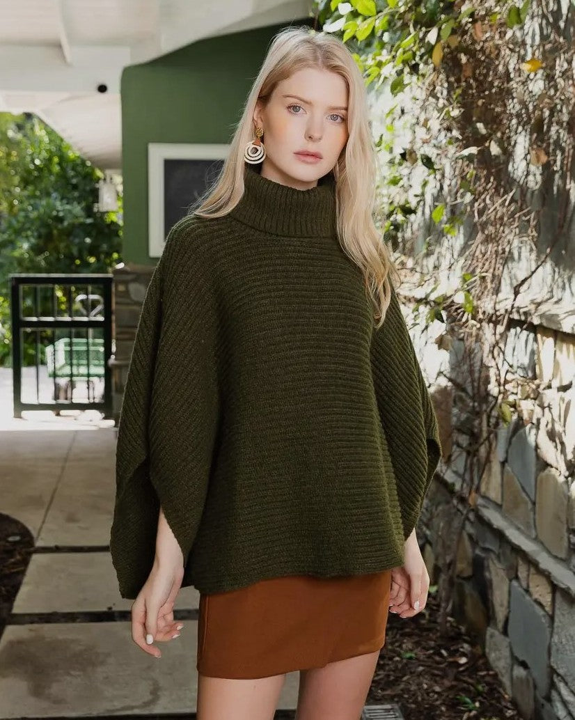Turtleneck Ribbed Knit Poncho with Armholes