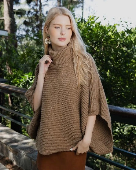 Turtleneck Ribbed Knit Poncho with Armholes