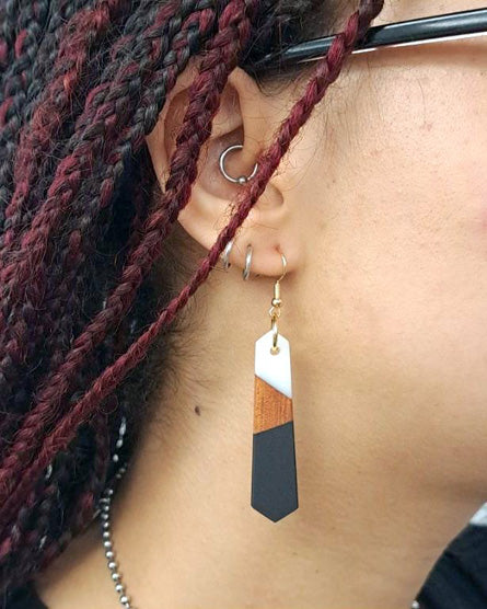 White Black + Wood Hexagon Earrings