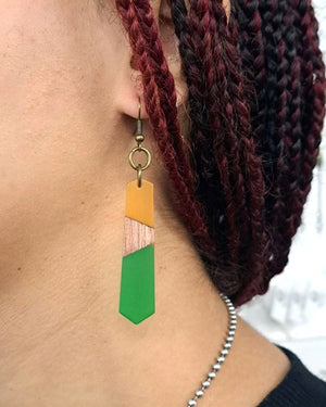 Yellow Green Resin + Wood Hexagon Earrings