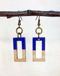 Royal Blue Hollow Rectangle Wood + Resin Earrings